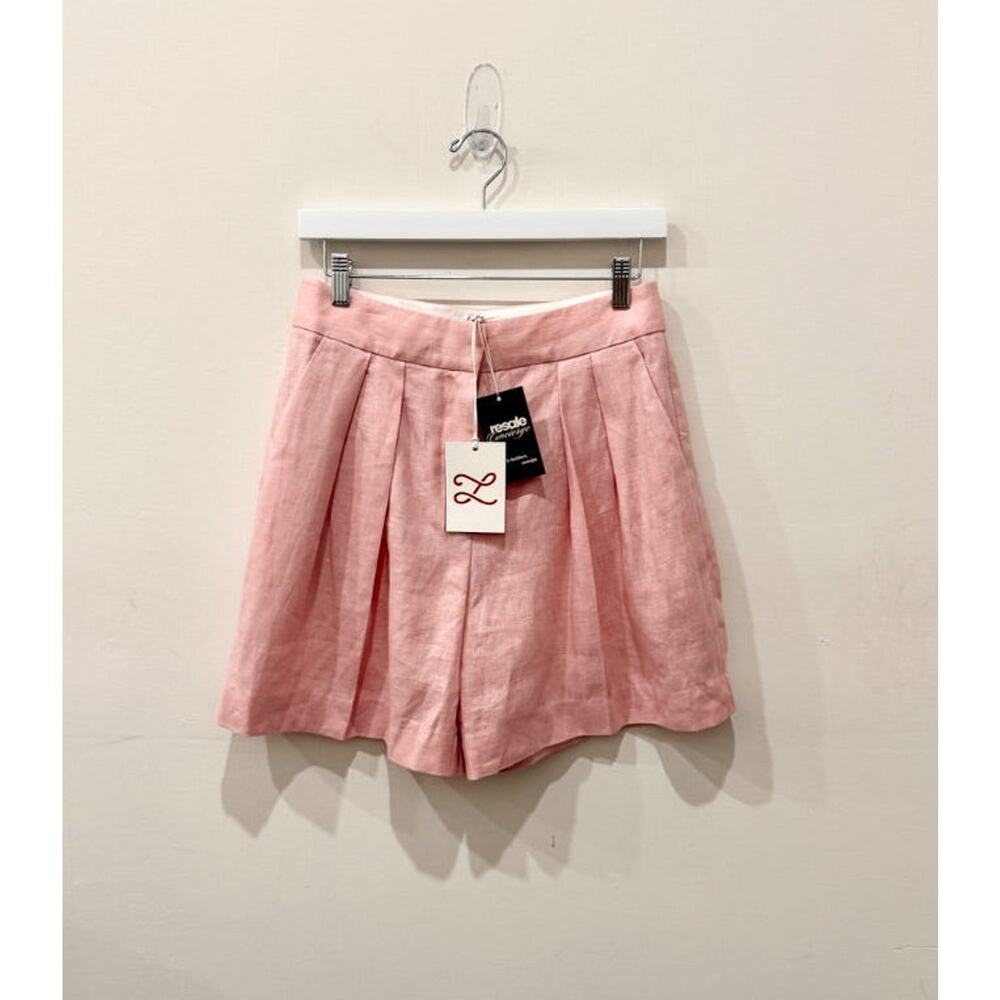 NWT L'Academie by Marianna Carinne Linen Pleated Bermuda Short Blush Pink Small - Picture 2 of 6